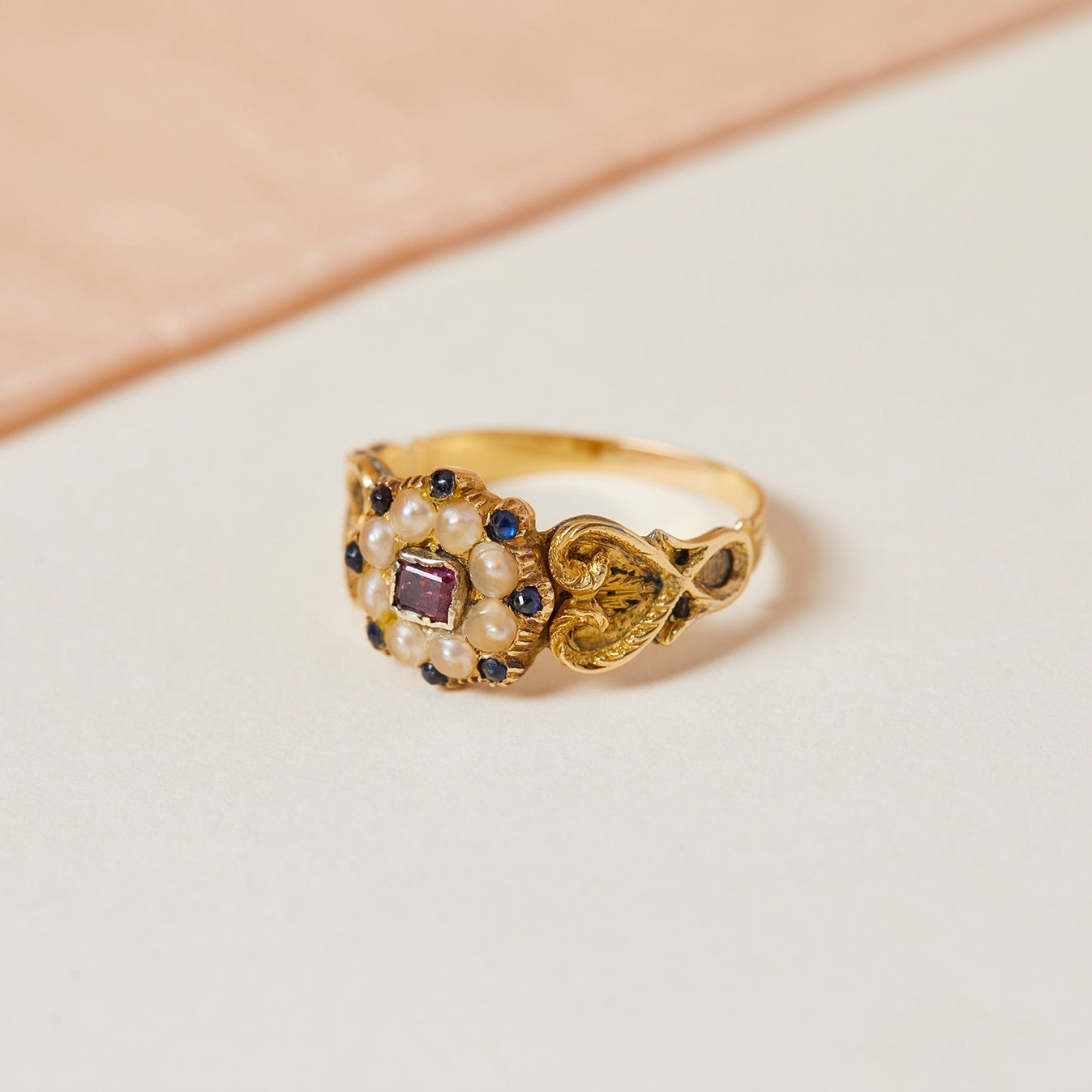 Victorian Pearl, Sapphire and Ruby Mourning Ring 