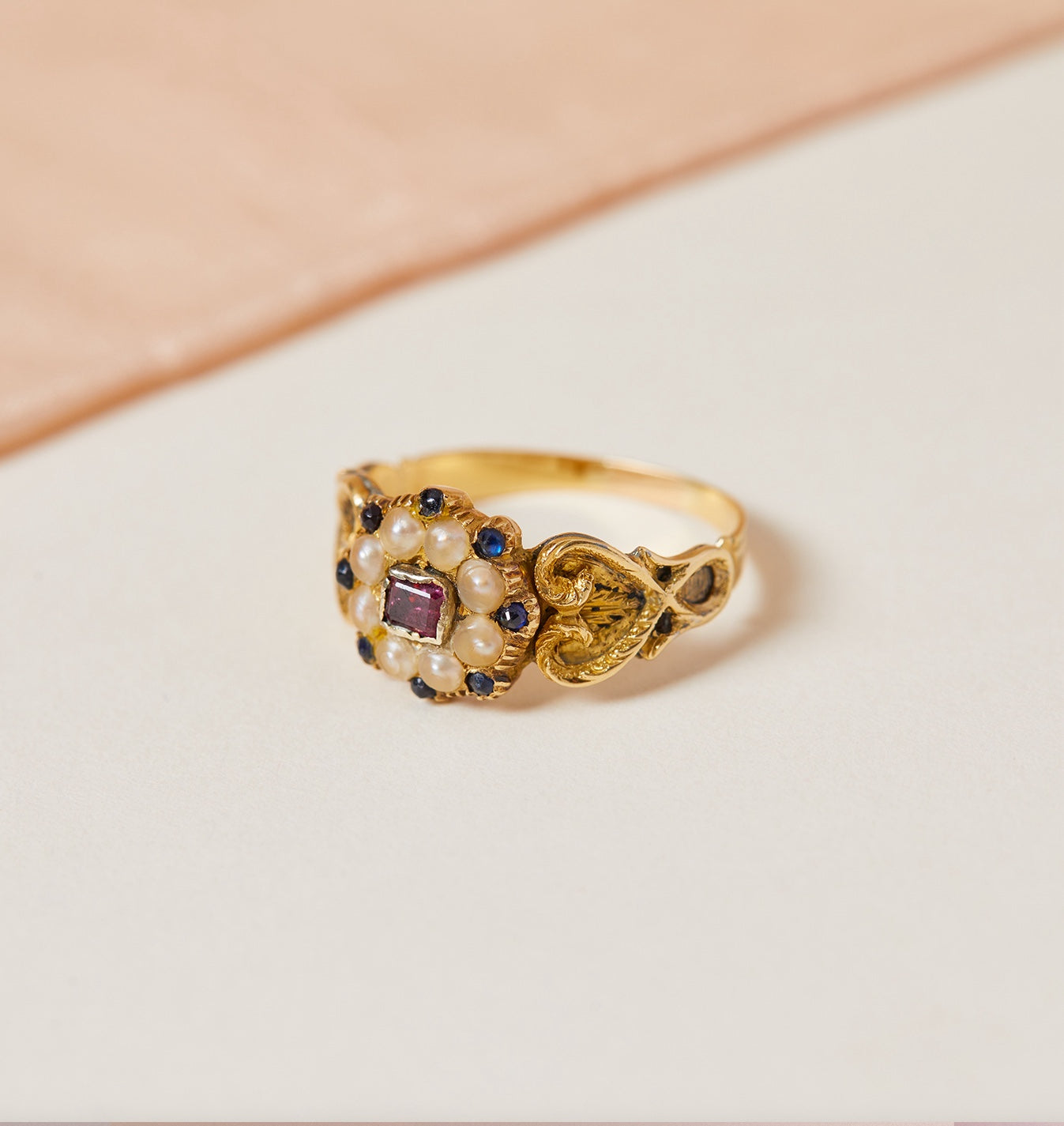 Victorian Pearl, Sapphire and Ruby Mourning Ring 