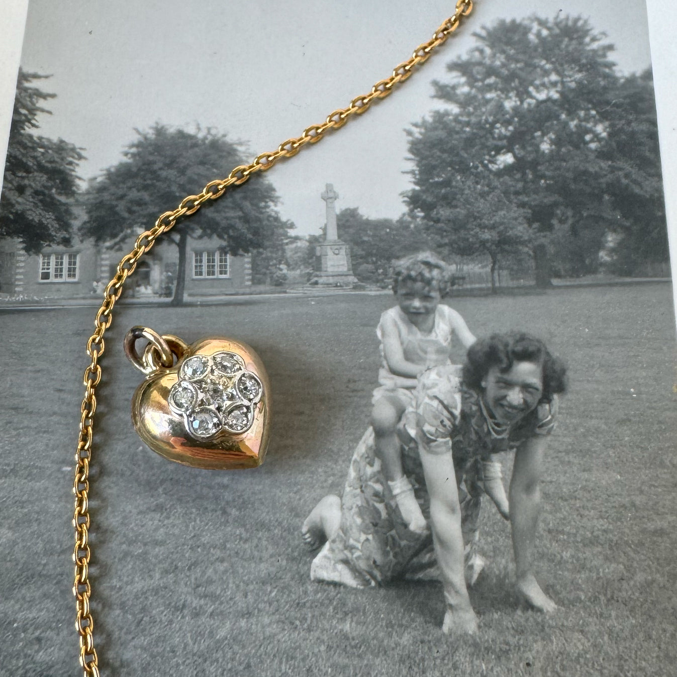 Antique gold diamond flower heart pendant 